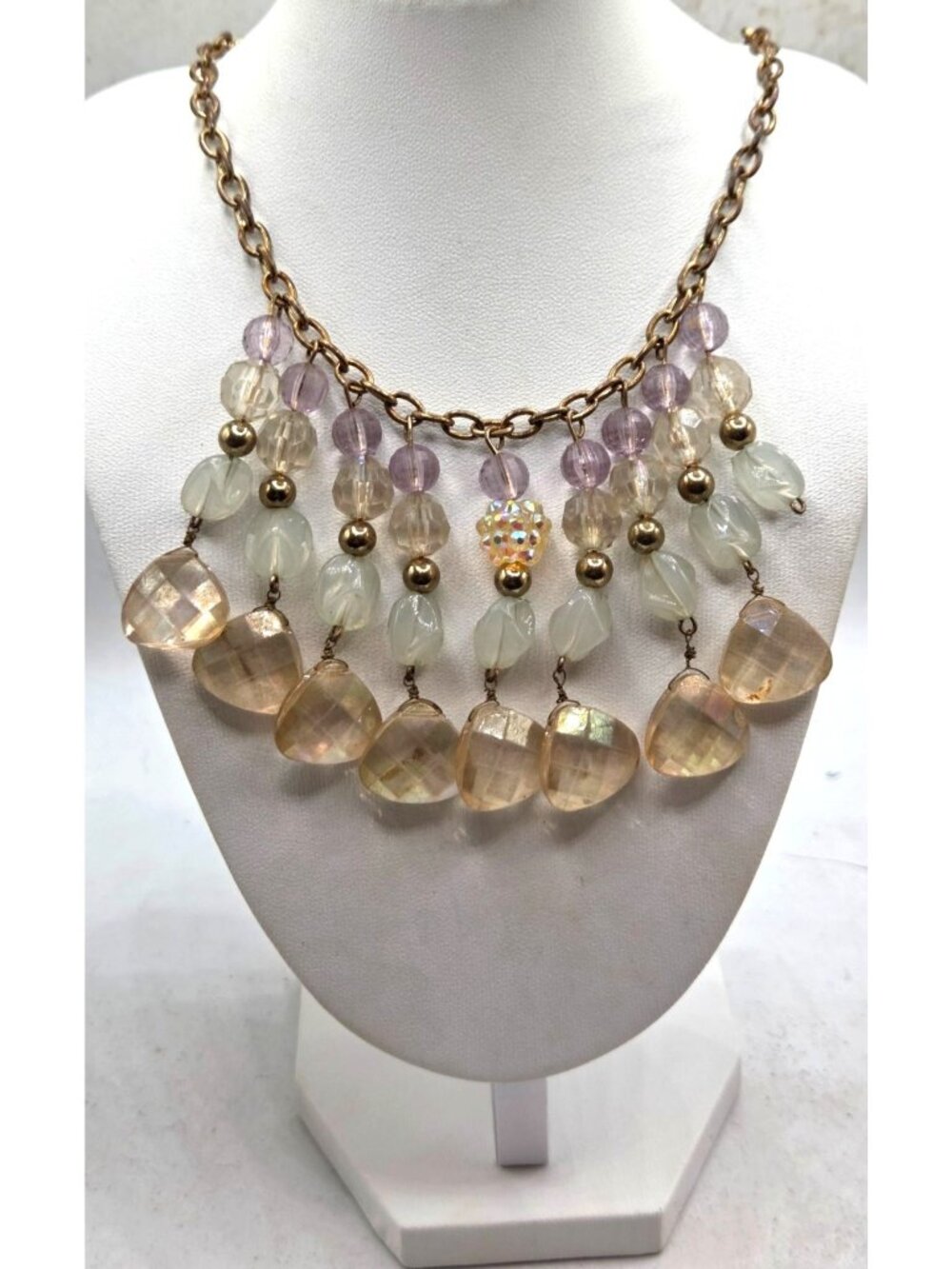 Vintage Gold-Tone Chain Necklace With Glass Beads & Iridescent Accents
